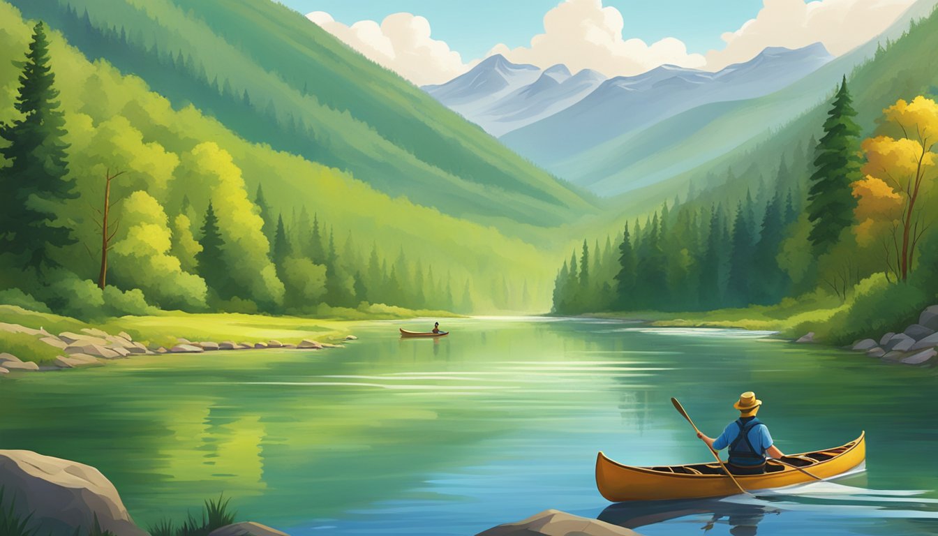 A serene mountain range looms in the distance, while a winding river cuts through lush green valleys. Canoeists paddle along the calm waters, and hikers trek along the rugged trails