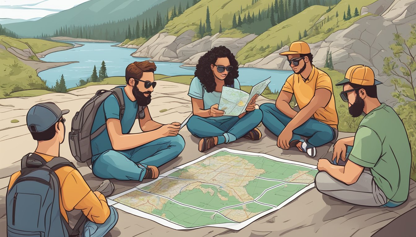 A group of friends sits around a map, planning a budget-friendly road trip across North America. They discuss unexpected expenses and ways to save money while enjoying the adventure