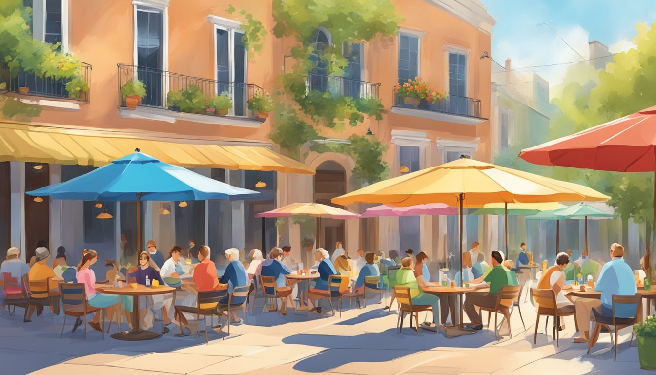A sunny outdoor patio with colorful umbrellas, where dogs sit beside their owners at tables, while waiters serve water bowls and pet-friendly treats