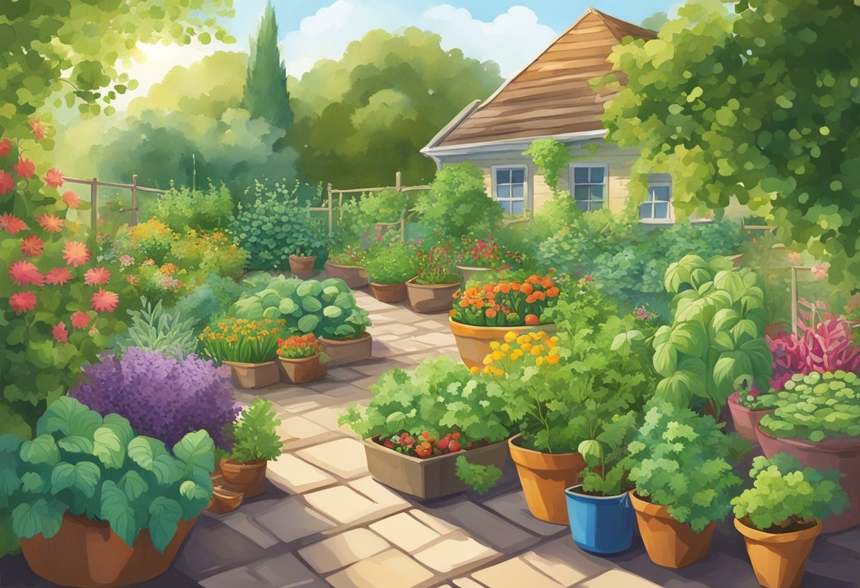 Lush garden with vibrant vegetables thriving in well-tended soil. Sunlight illuminates the greenery, while a gentle breeze rustles the leaves. A variety of tools and supplies are neatly organized nearby