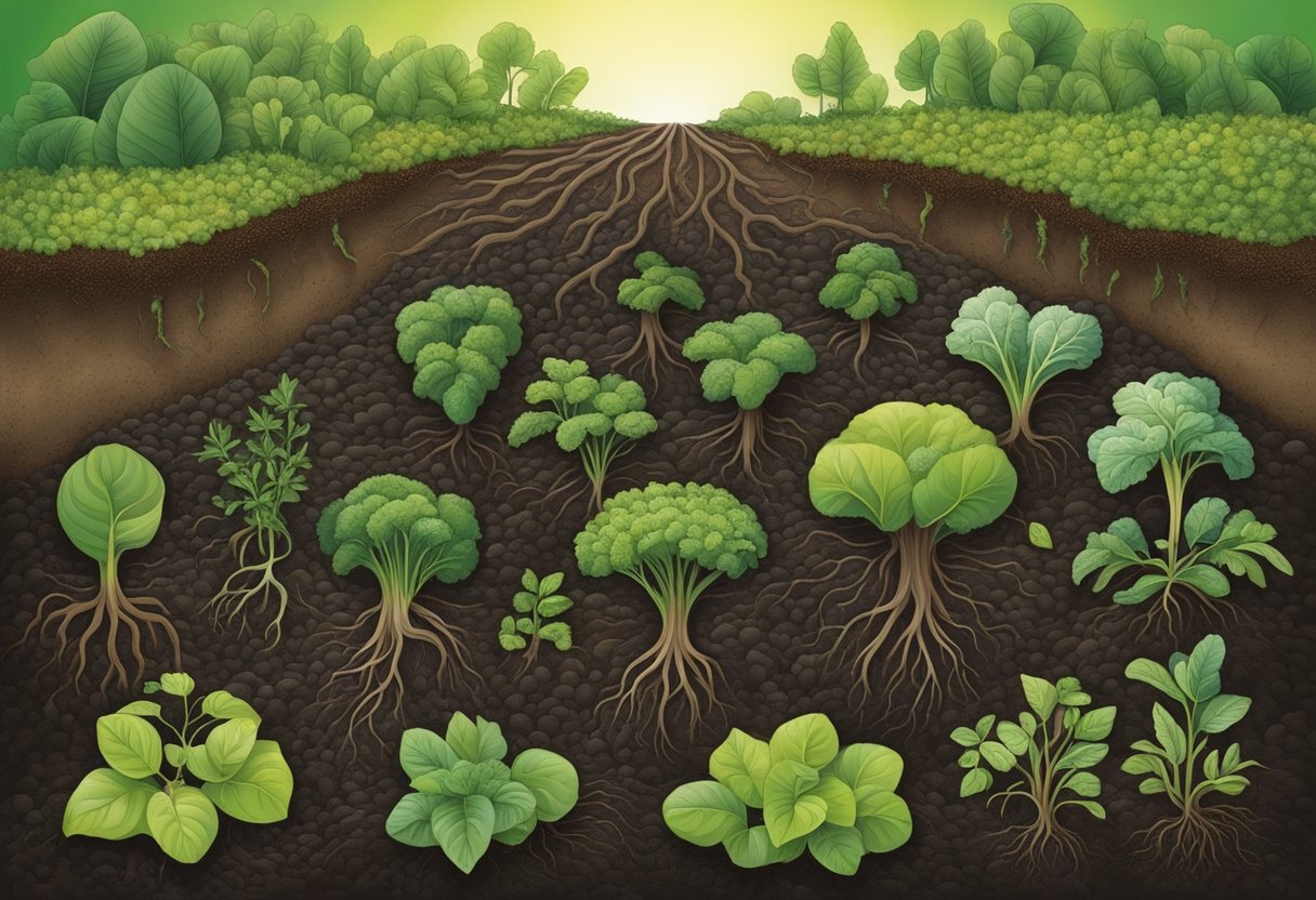 Rich, dark soil teeming with organic matter and beneficial microorganisms. Root systems reaching deep into the earth, absorbing essential nutrients. Green, leafy vegetables thriving in the nutrient-rich environment