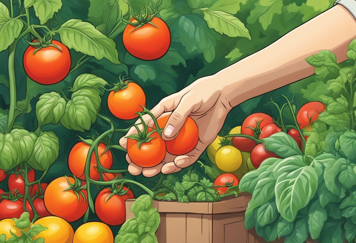 A hand reaching for ripe tomatoes, surrounded by lush green leaves and vibrant vegetables in a well-tended garden