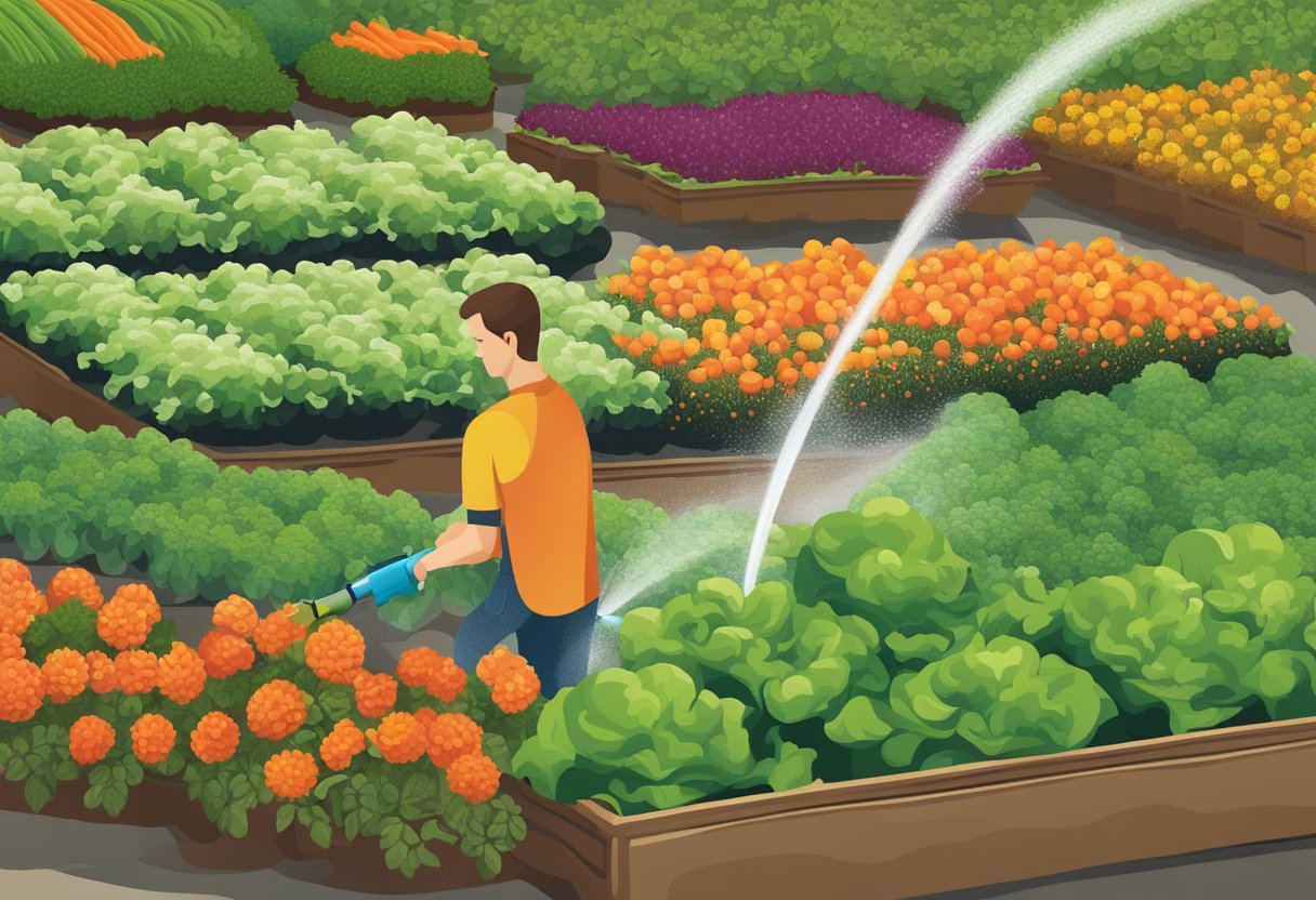 A garden hose spraying water over rows of thriving vegetables, while a person sprinkles fertilizer around the base of each plant