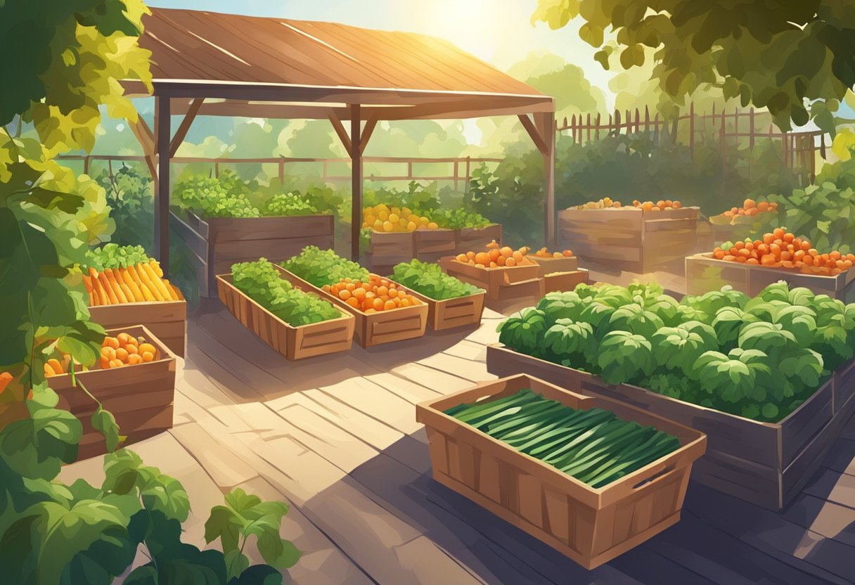 Lush garden with ripe vegetables being harvested and stored in baskets and crates. Sunlight filters through the leaves, creating a warm and inviting atmosphere