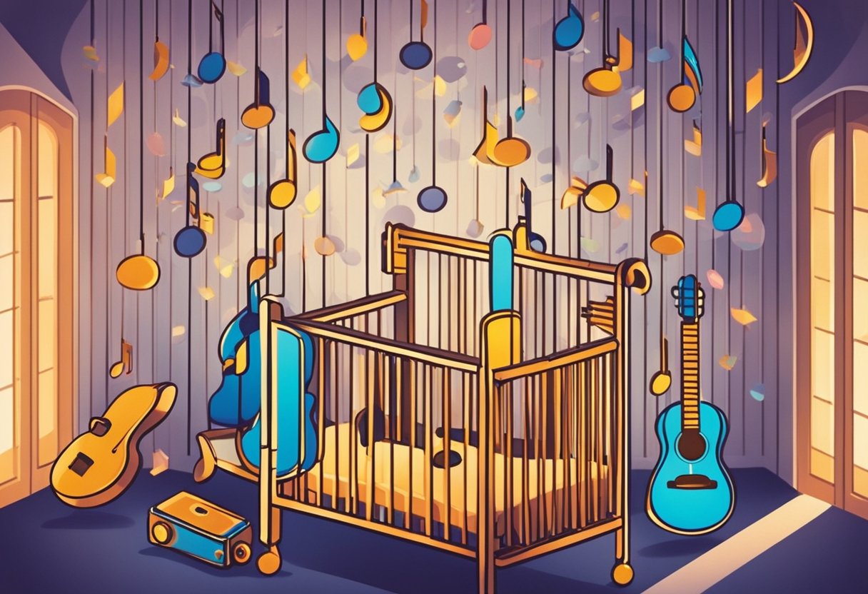 A colorful mobile of musical notes and instruments hangs above a crib, while a soft melody plays in the background