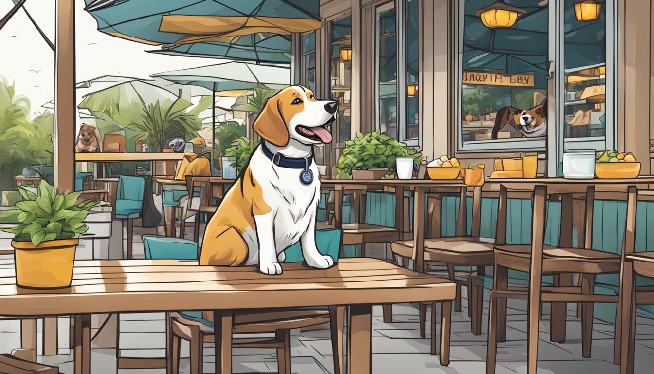 A happy dog sitting under a table at a bustling outdoor restaurant in Singapore, with a water bowl and pet-friendly signage visible