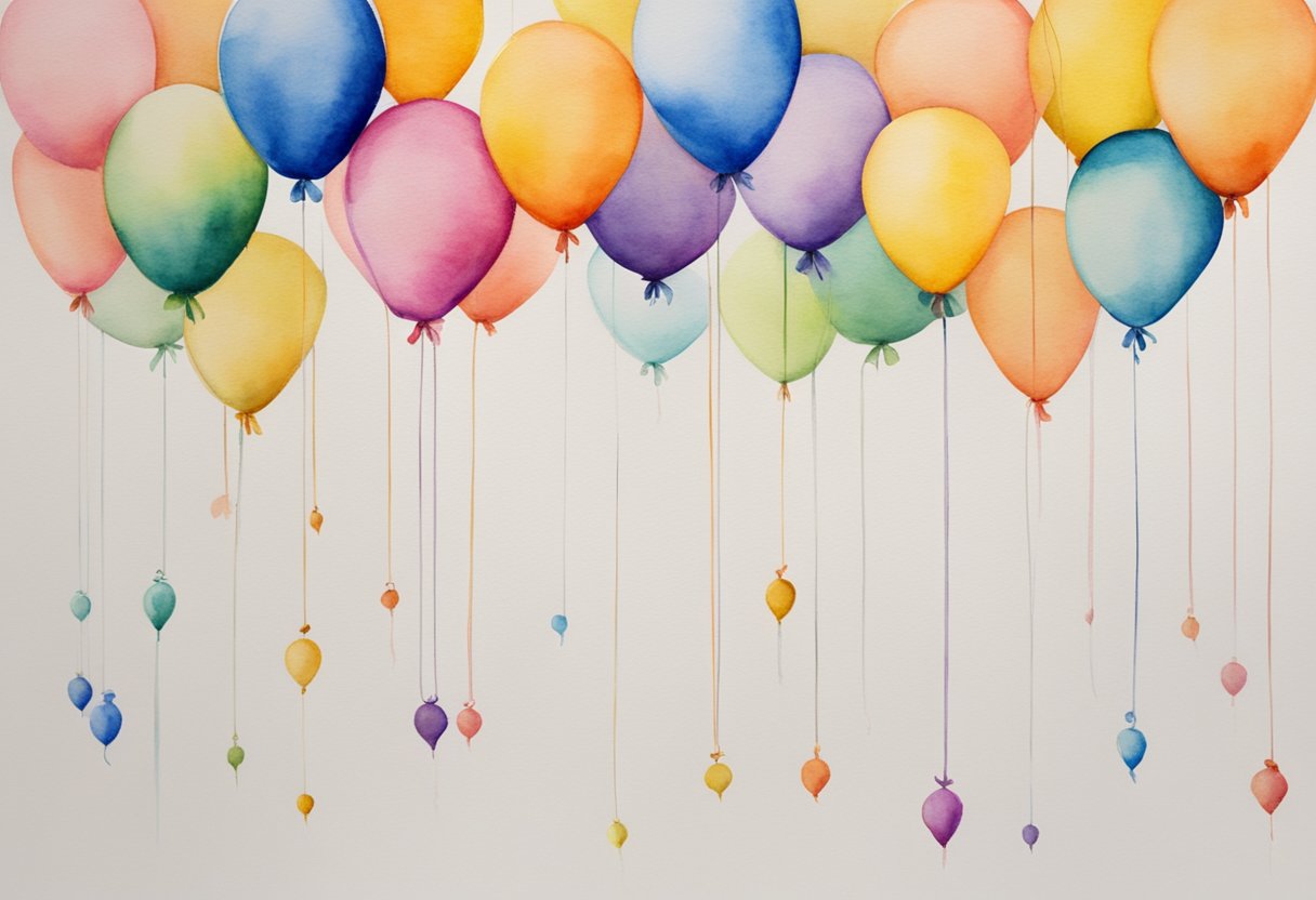 A group of colorful helium balloons floating in the air, tied to a weight or floating freely. The balloons could be arranged in a festive display or scattered throughout the scene