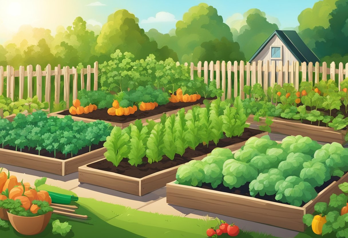 A lush vegetable garden with various crops growing in neat rows, surrounded by a wooden fence. The sun is shining, and there are gardening tools scattered around