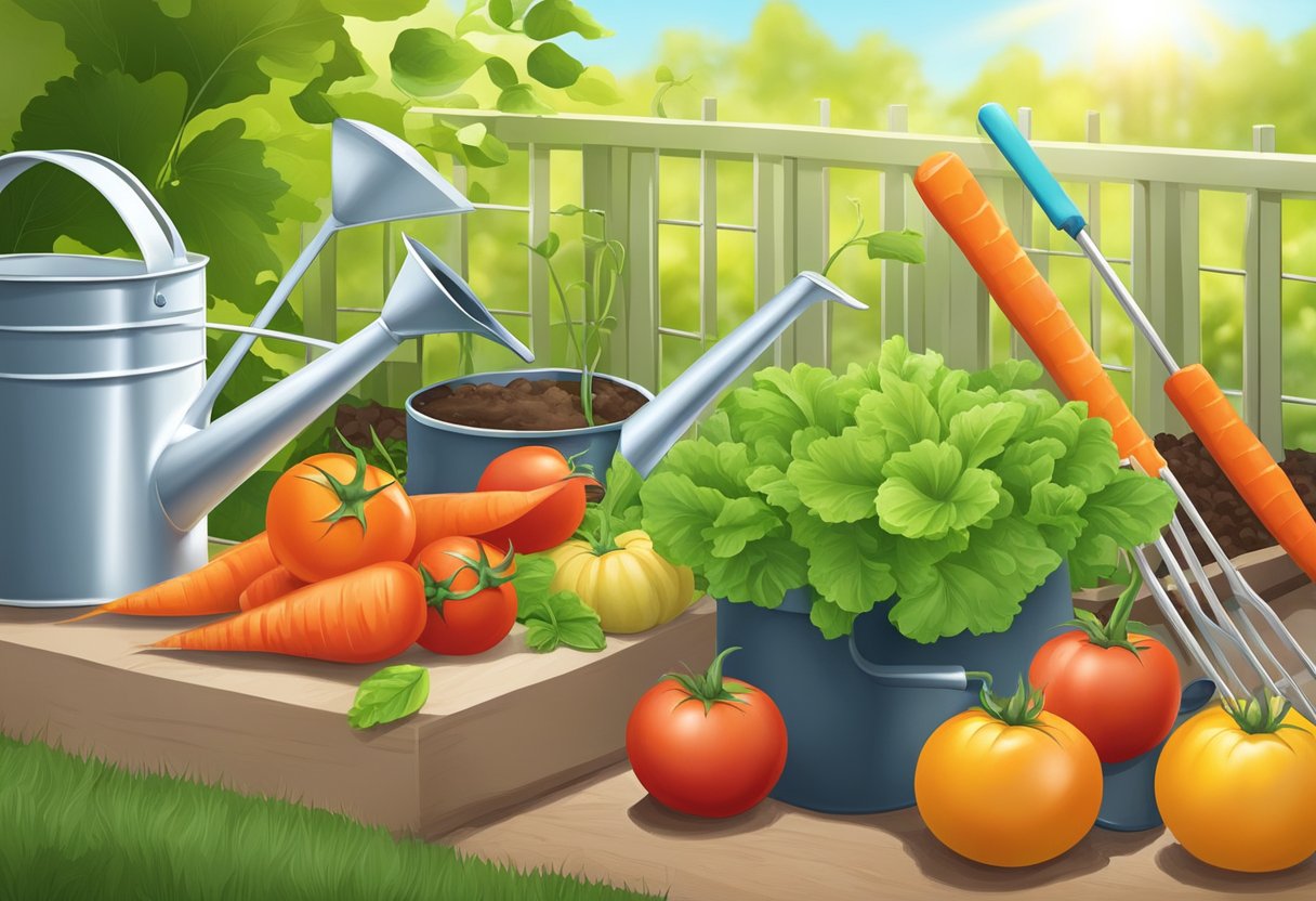 A sunny garden with rows of vibrant vegetables, including tomatoes, carrots, and lettuce. A watering can and gardening tools are scattered nearby