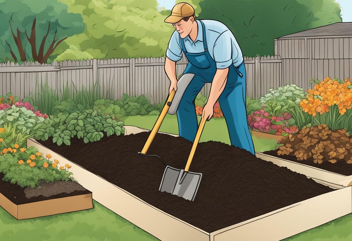 Rich, dark soil being turned over with a shovel, mixed with compost, and raked smooth in a garden bed