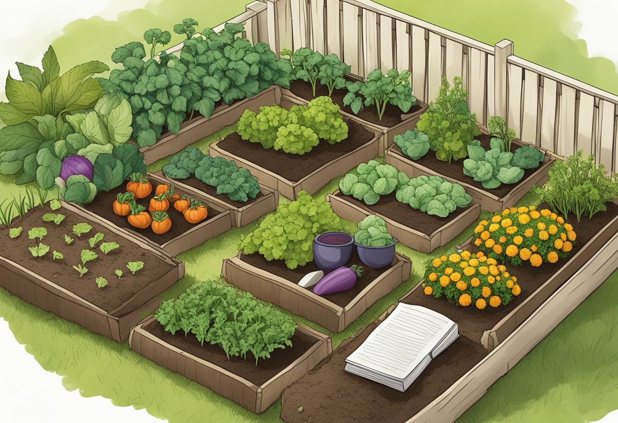 A garden bed with various vegetables being planted, surrounded by gardening tools and bags of soil, with a book titled "Planting Your Vegetables" open nearby