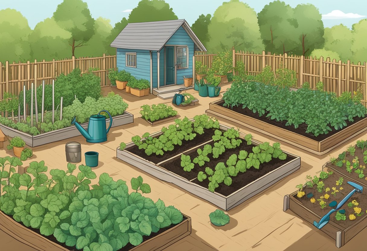 A well-tended vegetable garden with rows of thriving plants, surrounded by tools, compost, and a watering can. A guidebook is open on a nearby table