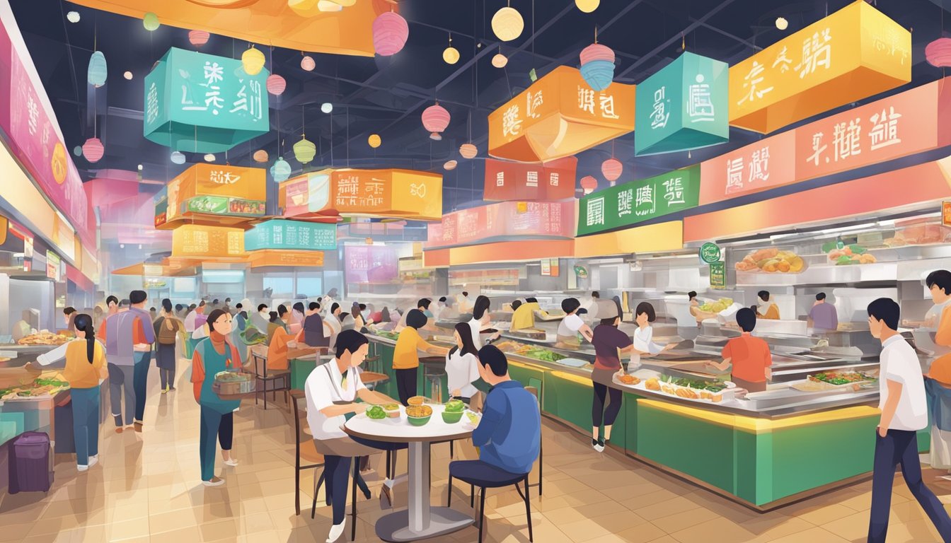 A bustling food court at Zhongshan Mall, with various vendors serving up a colorful array of international cuisine to a diverse crowd of hungry patrons