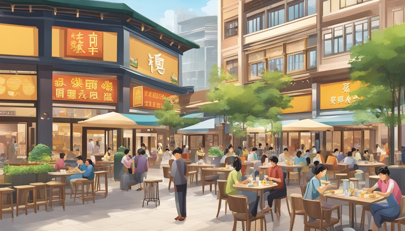 A bustling array of eateries surrounds Zhongshan Mall, with colorful signage and inviting outdoor seating. Patrons enjoy a variety of cuisines, from traditional Chinese fare to trendy international flavors