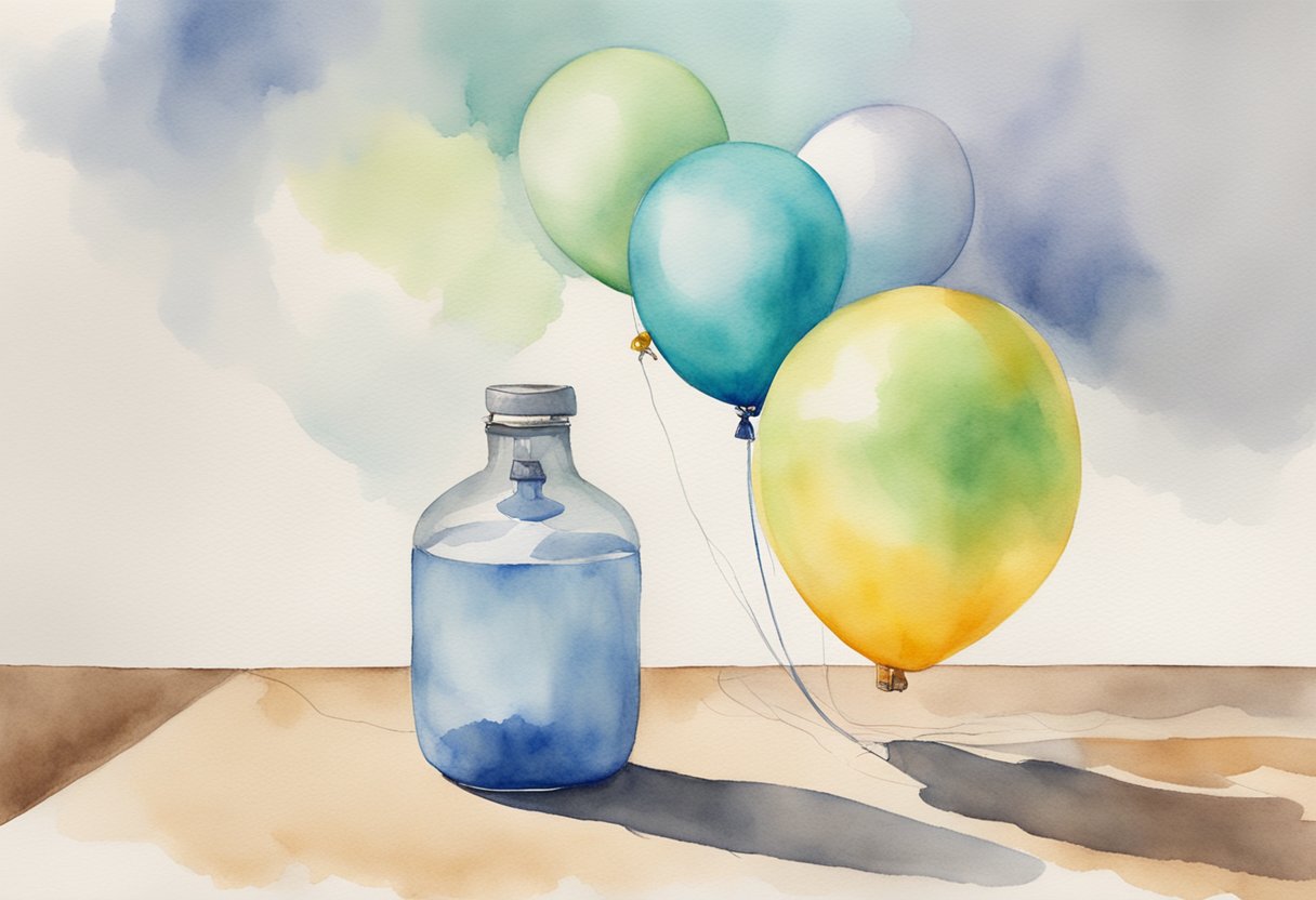 A hand reaches for a helium tank on a table, with a balloon floating nearby. Instructions and a review are visible in the background