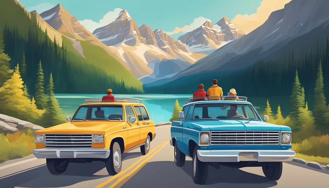 A group of friends enjoying a scenic road trip through the stunning landscapes of the Canadian Rockies, with towering mountains, crystal-clear lakes, and lush forests as their backdrop