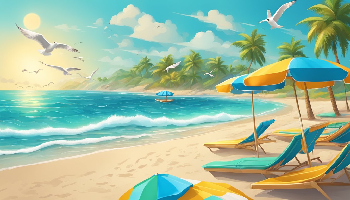 Sandy beach with turquoise waters, palm trees, and colorful beach umbrellas. Waves crashing on the shore, seagulls flying overhead. Sun shining in a clear blue sky
