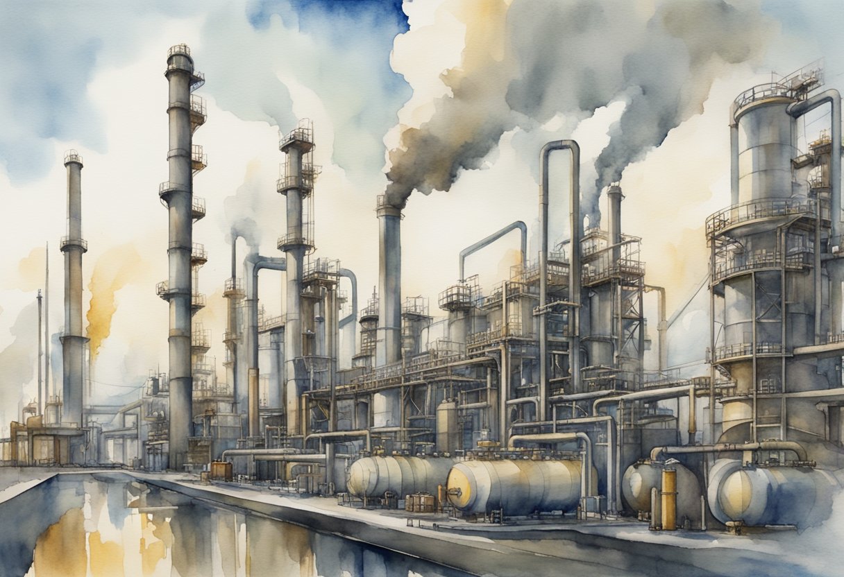 A large helium refinery with towering tanks and pipelines, surrounded by industrial buildings and machinery