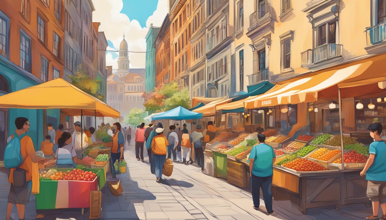 A lively market with colorful stalls and diverse food vendors, surrounded by historic buildings and vibrant street art. A mix of traditional and modern elements showcase North America's rich cultural heritage