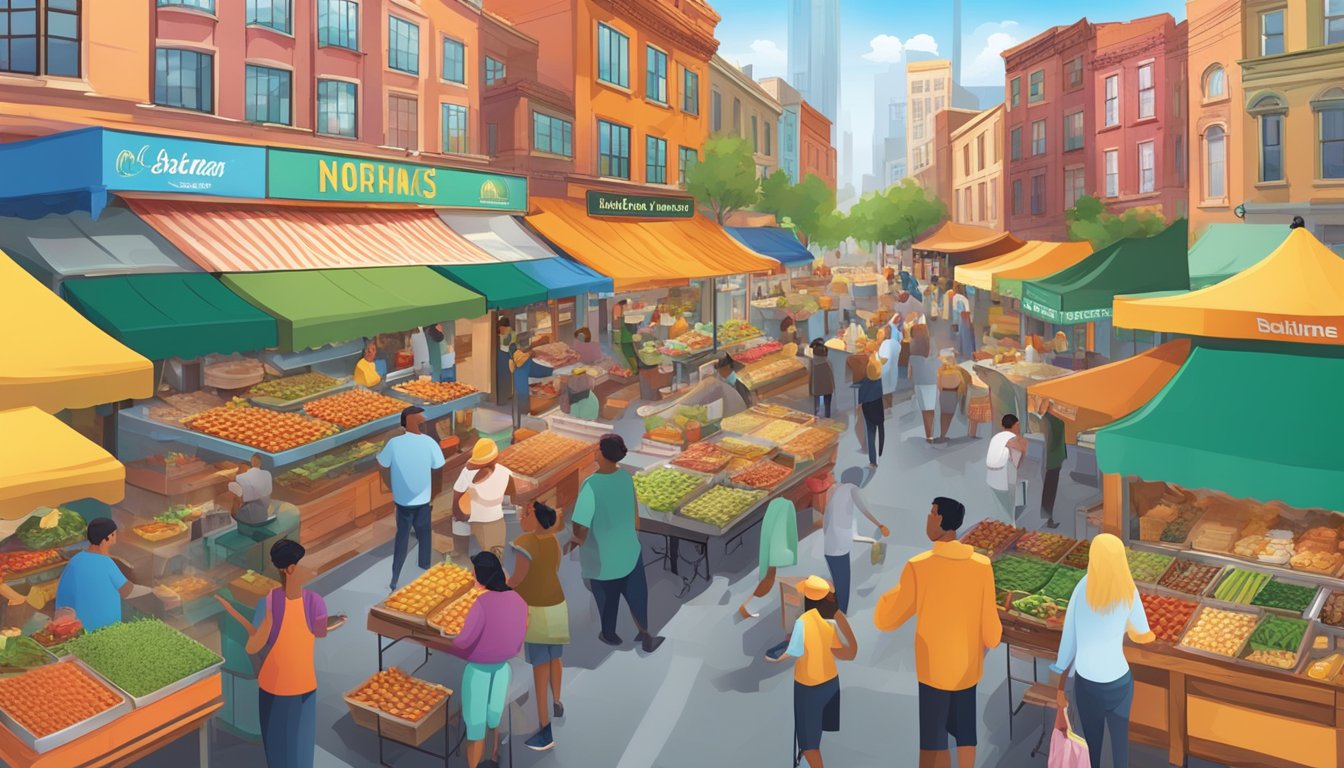 Vibrant food markets bustling with diverse cuisines, colorful street vendors, and lively outdoor dining scenes in iconic North American cities