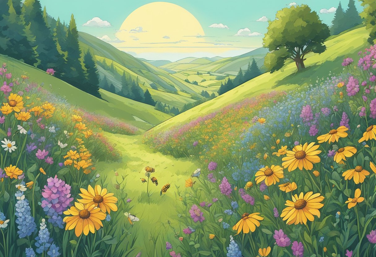 A peaceful meadow filled with colorful wildflowers and buzzing bees, with a gentle breeze rustling the grass