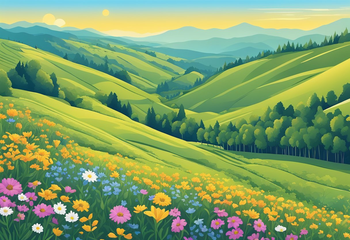 A serene, sun-drenched meadow filled with colorful wildflowers, surrounded by gentle rolling hills and a clear blue sky