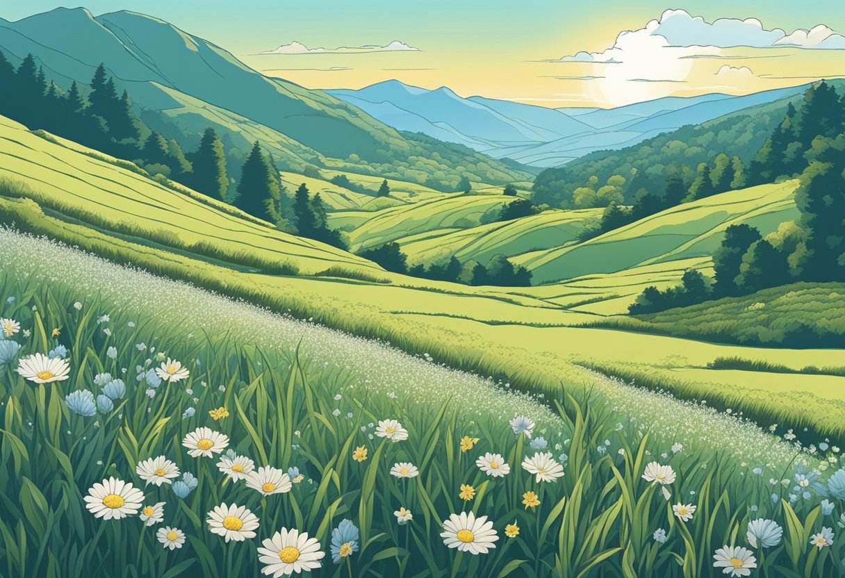 A peaceful meadow with blooming flowers and tall grass, surrounded by gentle rolling hills under a clear blue sky