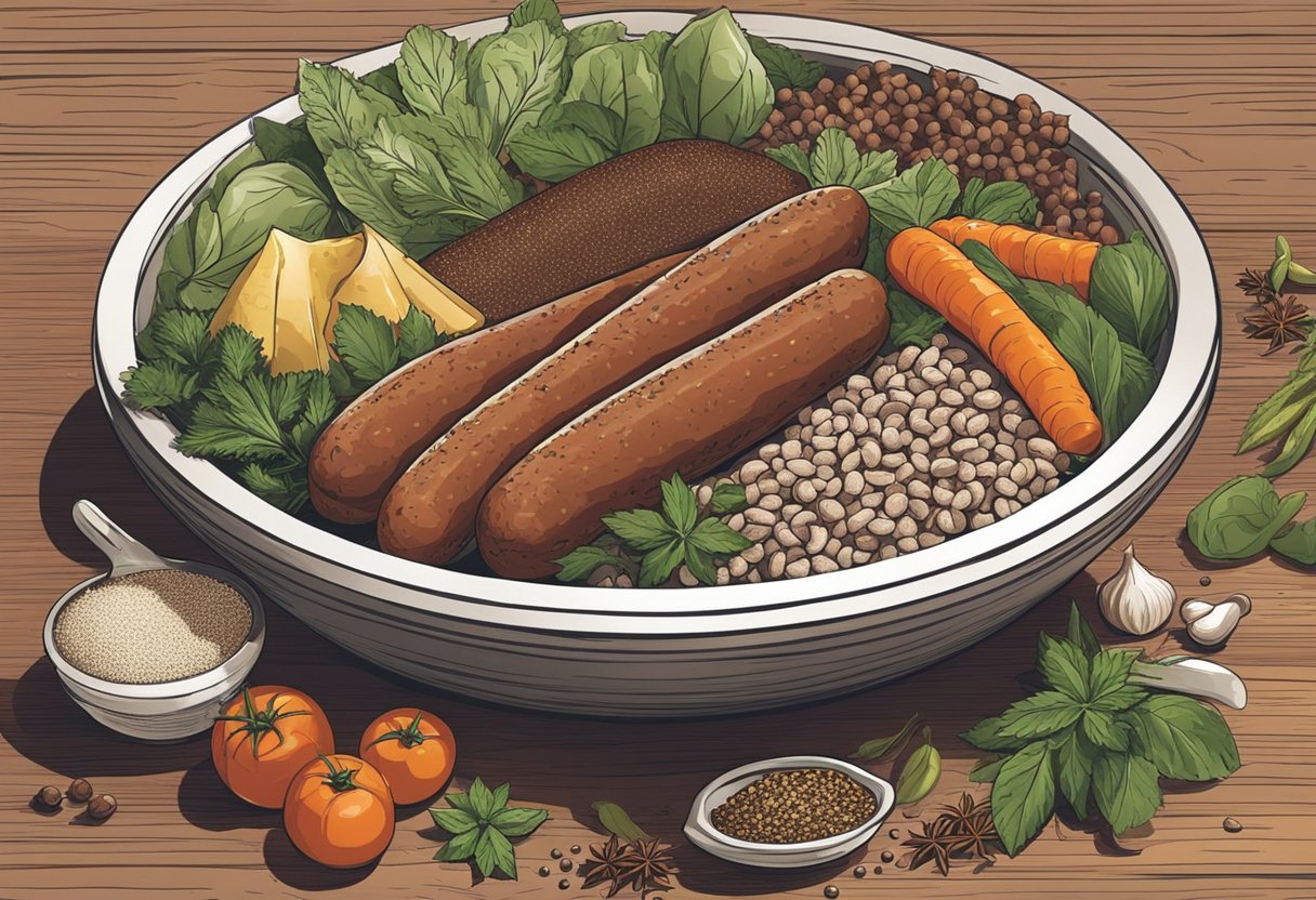 A bowl of sausage mix sits on a kitchen counter, surrounded by various spices and herbs. Ingredients are ready to be mixed together