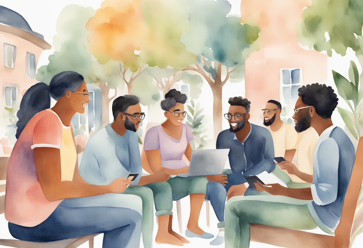 A group of diverse people engage in conversation and share content on a social media platform, with a focus on privacy and community connection