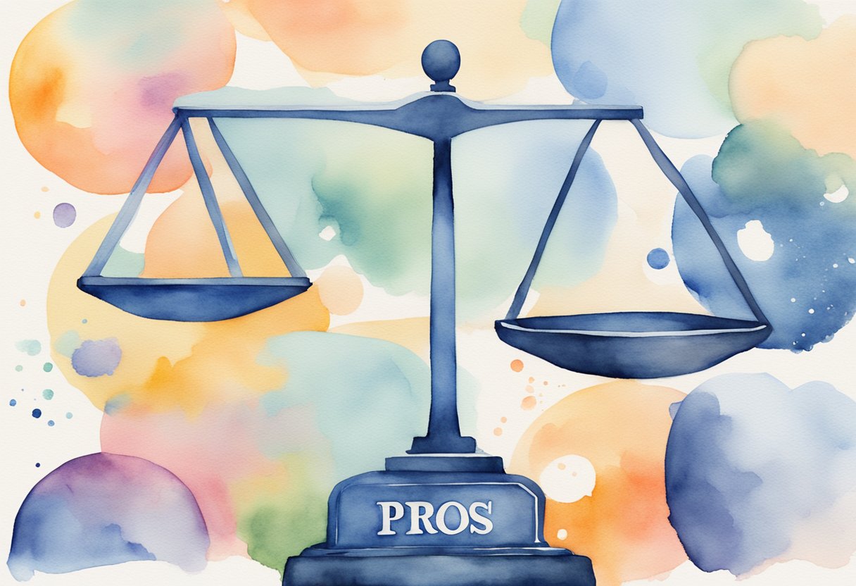 A scale with "Pros" on one side and "Cons" on the other, with Facebook's logo on the "Cons" side and alternative platform logos on the "Pros" side