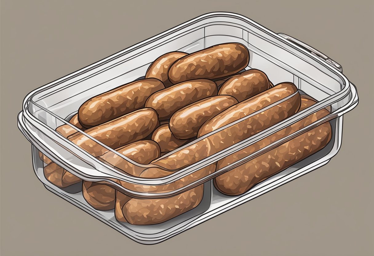 Sausages placed in airtight container, then reheated in microwave