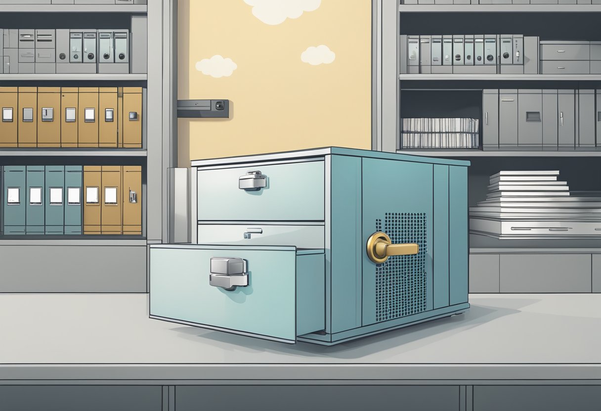 A cloud hovering over a digital server, while a lock and key sit on top of a physical filing cabinet