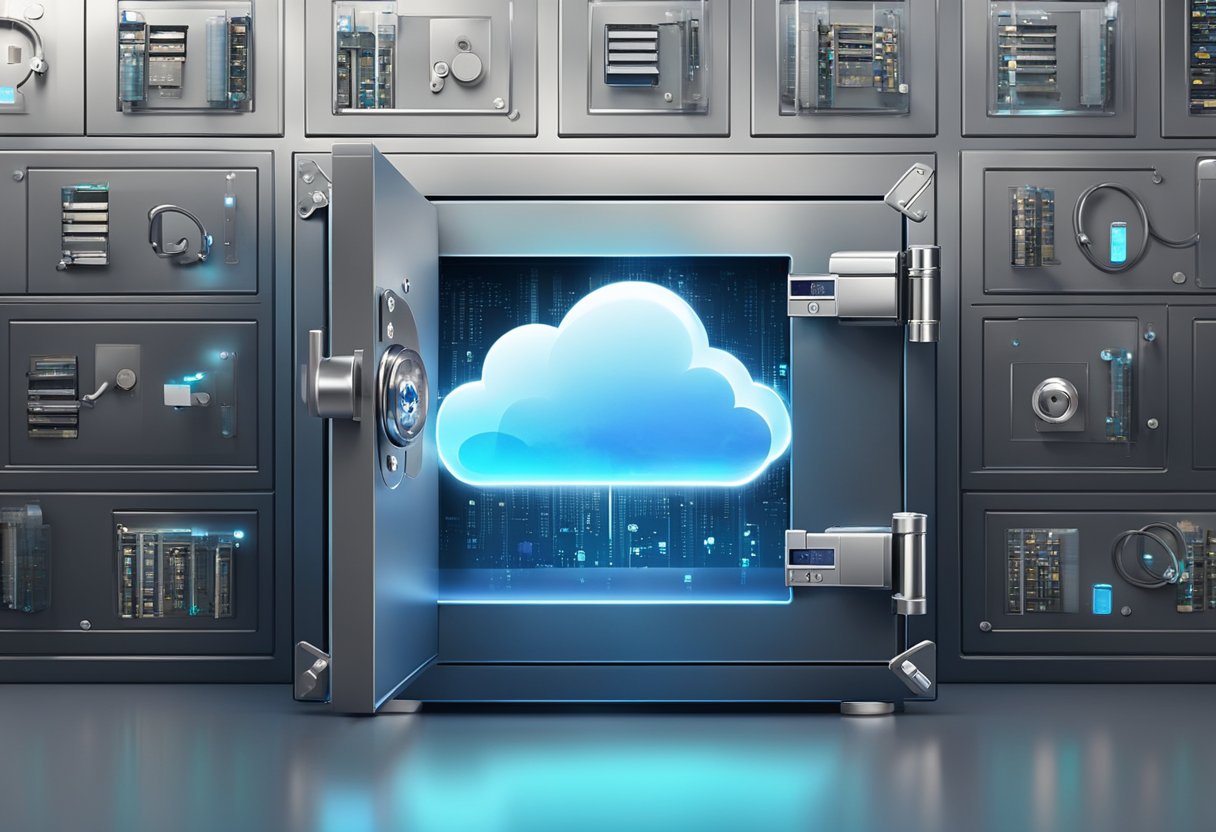 A cloud hovering over a secure, locked safe. The safe is surrounded by digital security symbols and the cloud is surrounded by data symbols