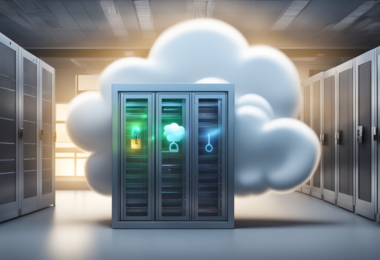 A cloud hovering over a secure data center, with a lock representing cloud storage security. Next to it, a physical safe with a key, symbolizing physical storage security