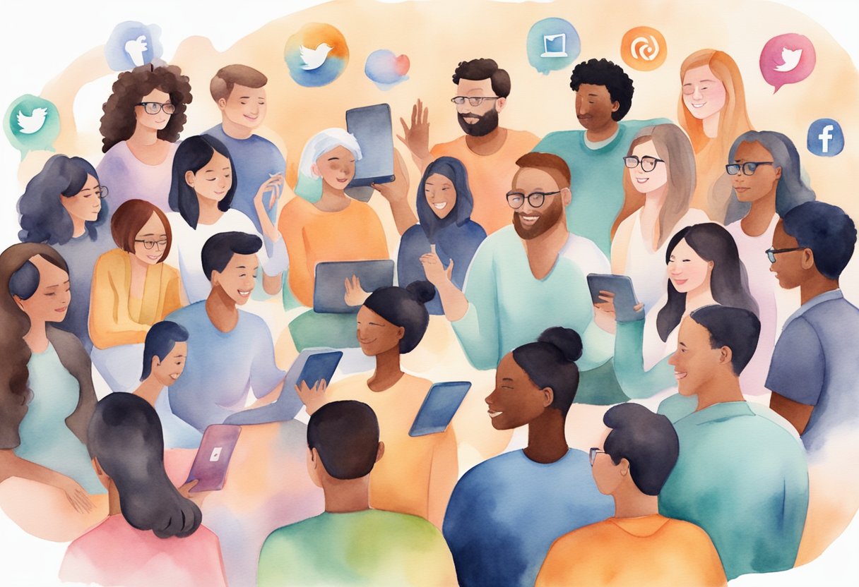 A diverse group of people engaging with content on a specialized social media platform, showcasing unique features and a sense of community