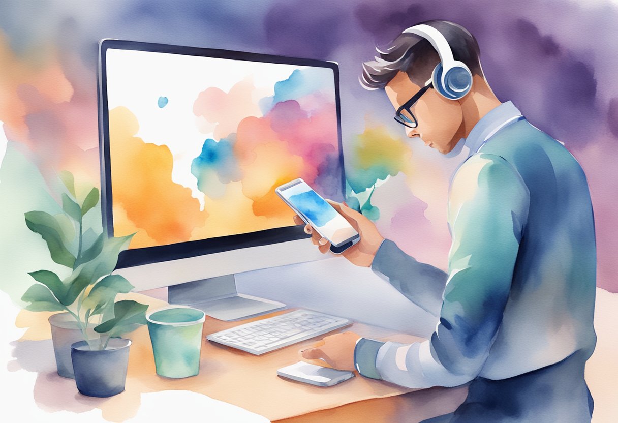 A person using a mobile phone and desktop computer, both displaying a social media platform with a clean and modern interface