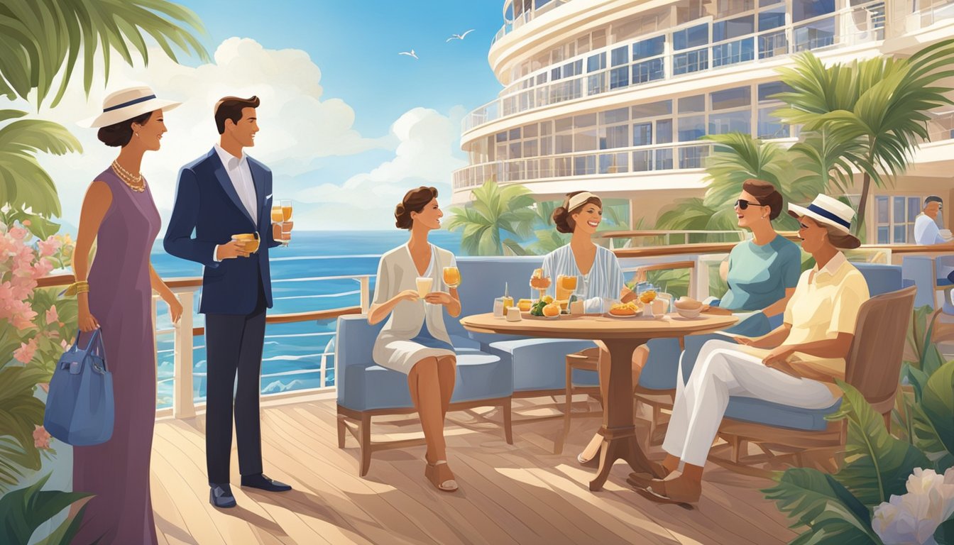 A group of friends enjoys a luxurious Oceania cruise, surrounded by stunning ocean views and elegant amenities. The scene exudes relaxation and camaraderie, with the friends engaging in various onboard activities