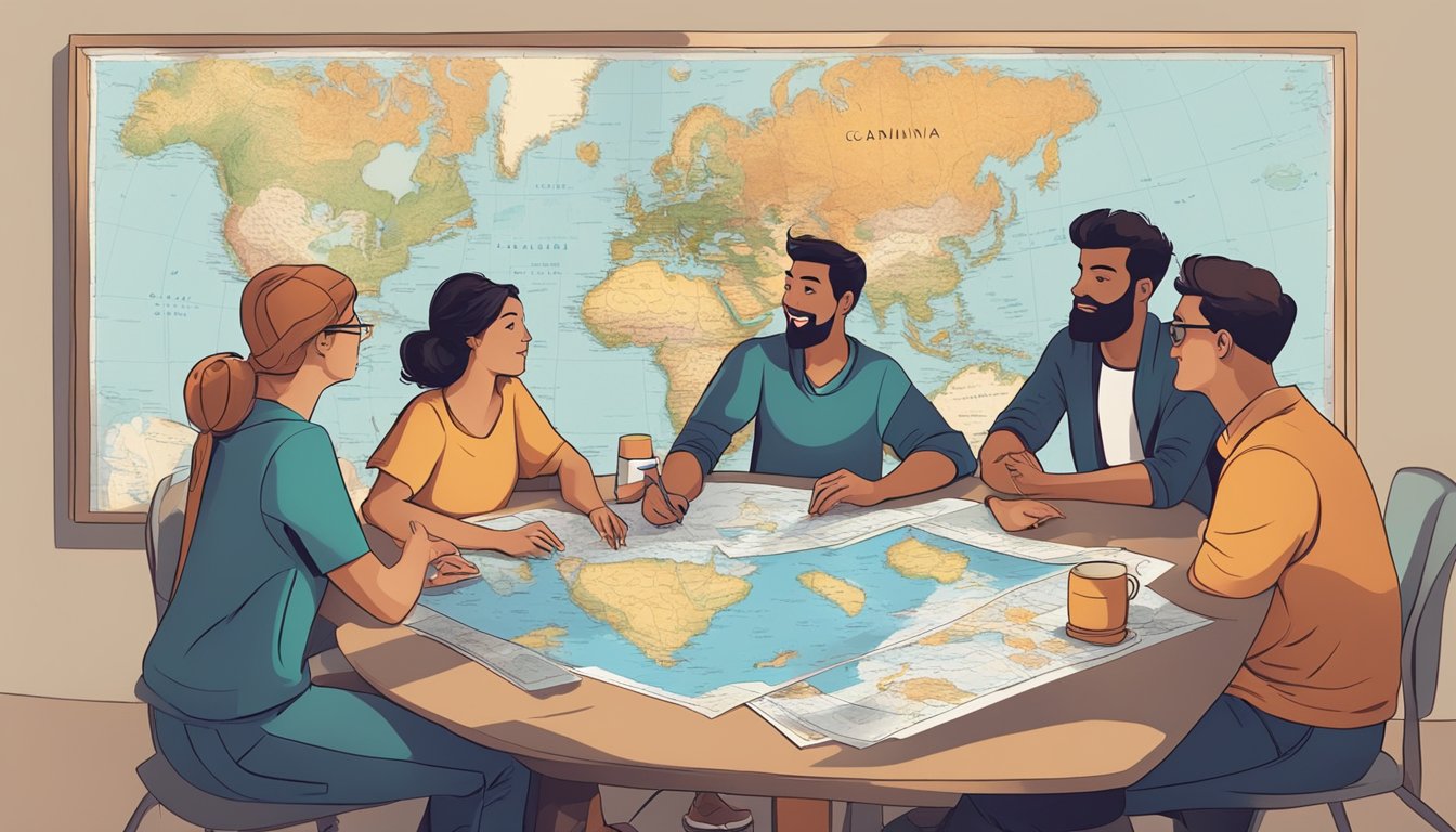 A group of friends gather around a table with a map of Oceania, discussing travel expenses and budgeting for their upcoming trip