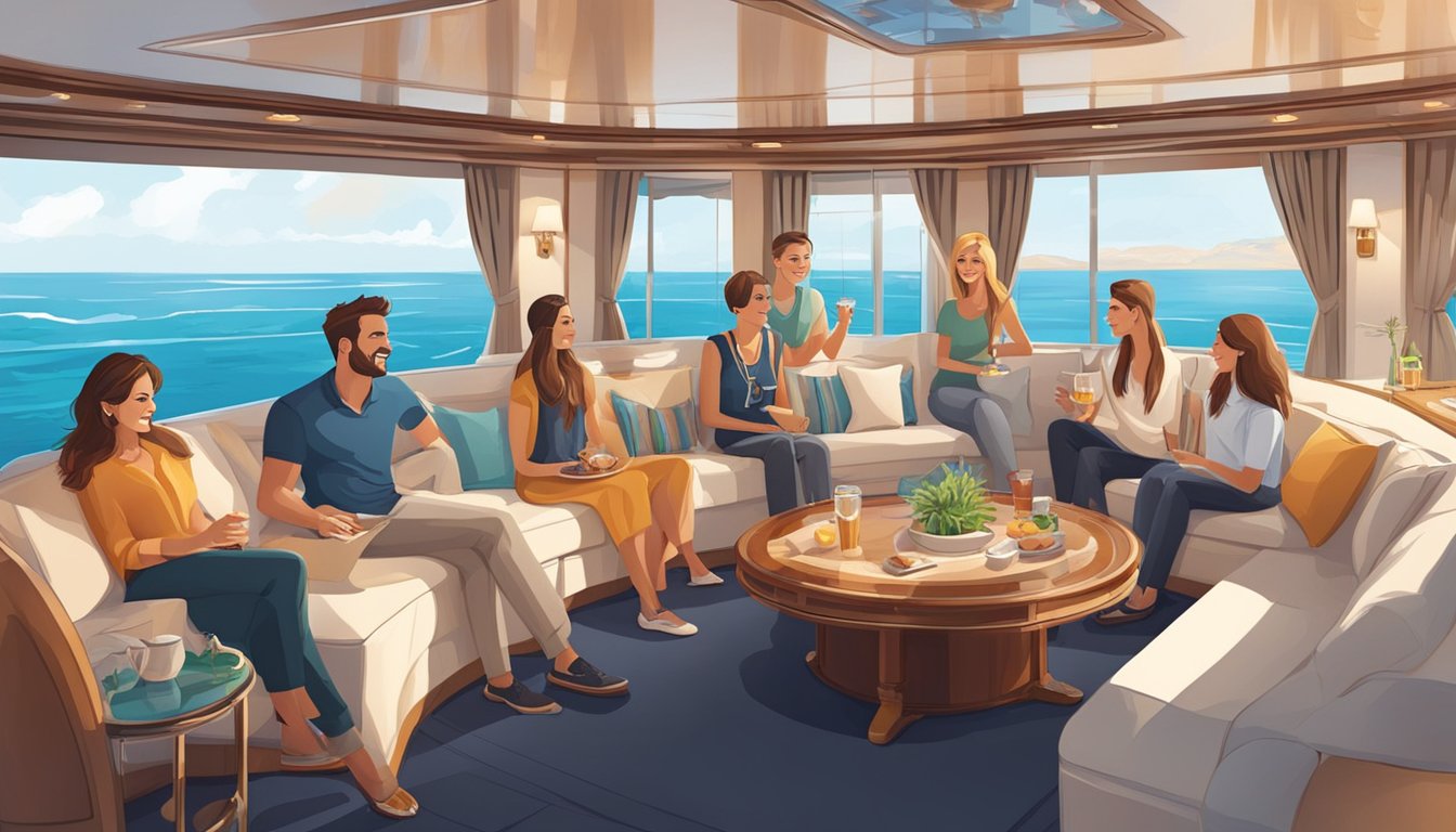 A group of friends enjoys the onboard experience in Oceania, surrounded by luxurious amenities and breathtaking ocean views