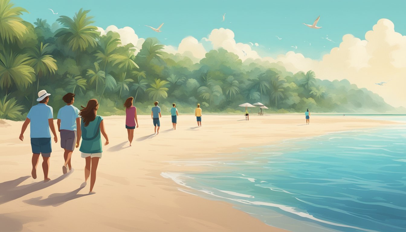 A group of friends walks along a sandy beach, surrounded by lush greenery and crystal-clear blue waters. They appear to be discussing something, with a sense of excitement and adventure in the air