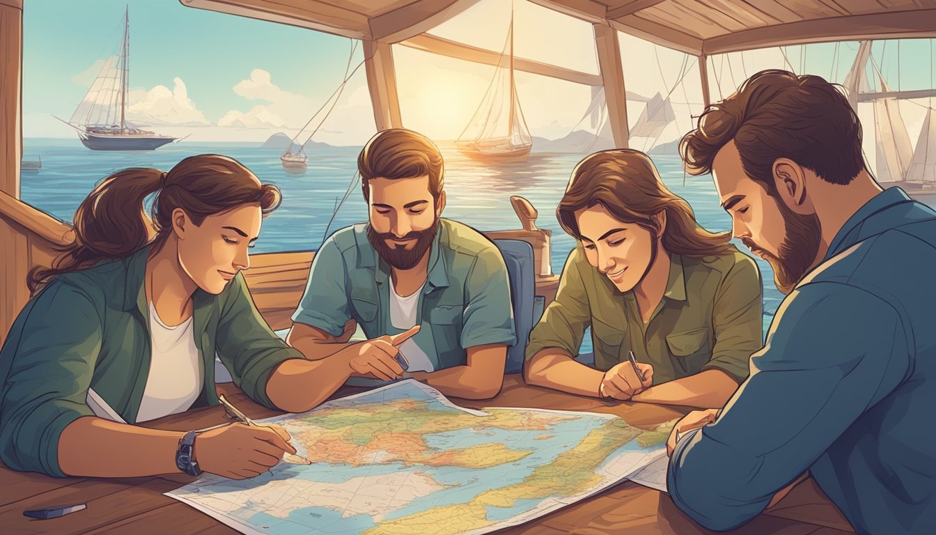 A group of friends gathers around a table, discussing travel plans and looking at a map of Oceania. They are calculating costs and making arrangements before their upcoming sailing trip