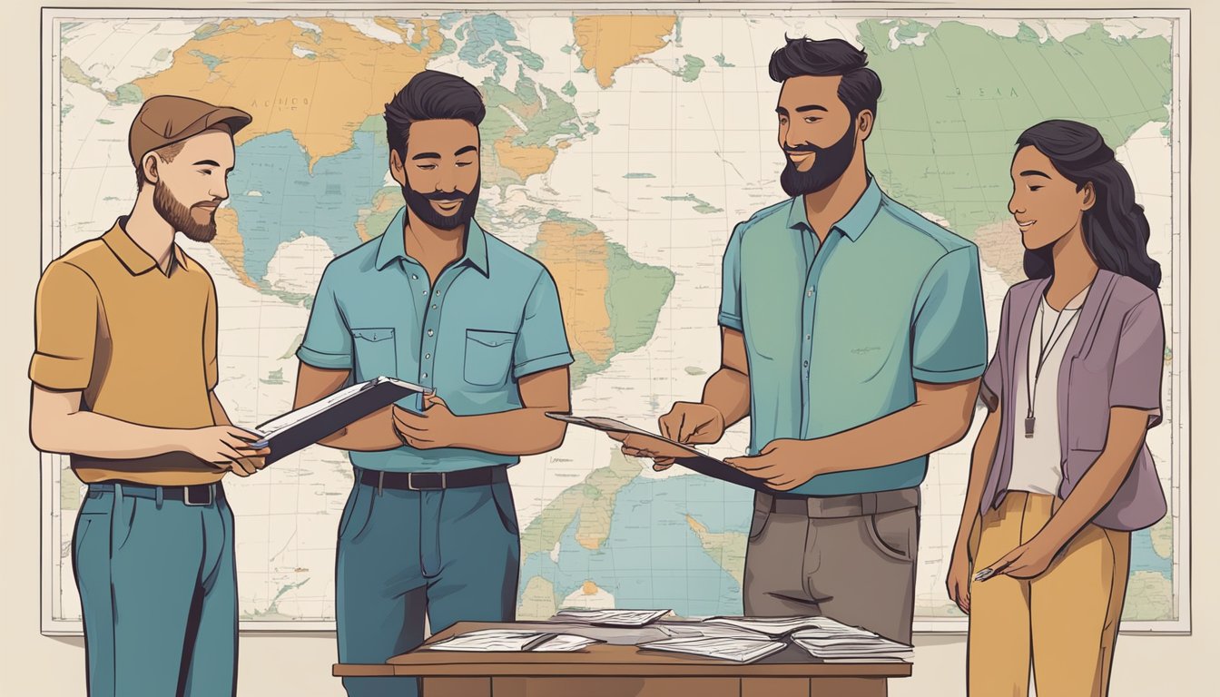 A group of friends stands in front of a large map of Oceania, pointing and discussing their travel plans. A calculator and notepad sit on the table, indicating they are budgeting for the trip