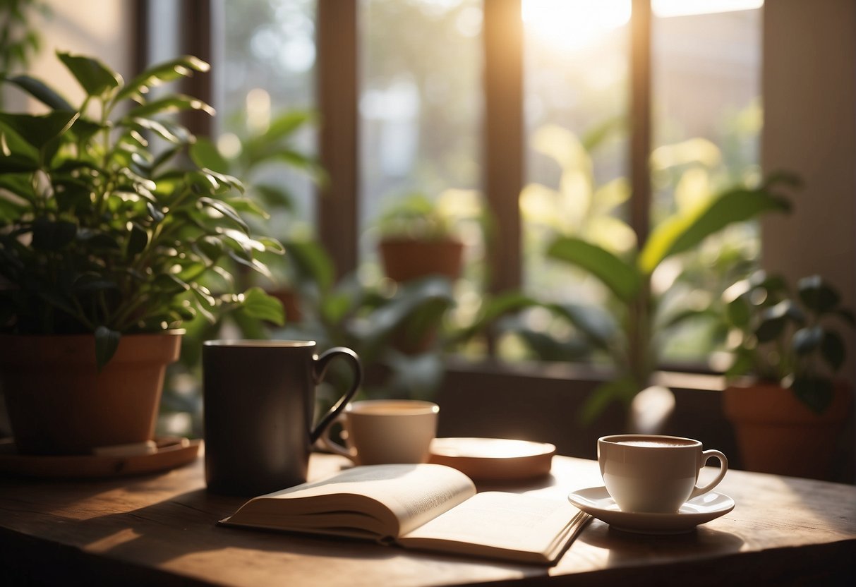 Morning Motivation: A sunlit room with a cozy chair, a steaming cup of coffee, and a journal open to a blank page, surrounded by plants and motivational quotes