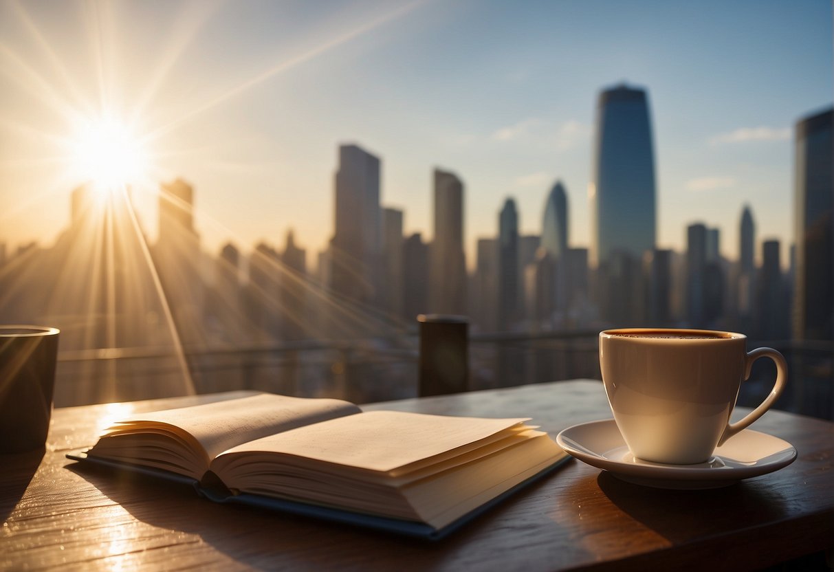 Morning Motivation: A sun rising over a city skyline, with rays of light beaming down onto a desk covered in a planner, notebook, and a steaming cup of coffee