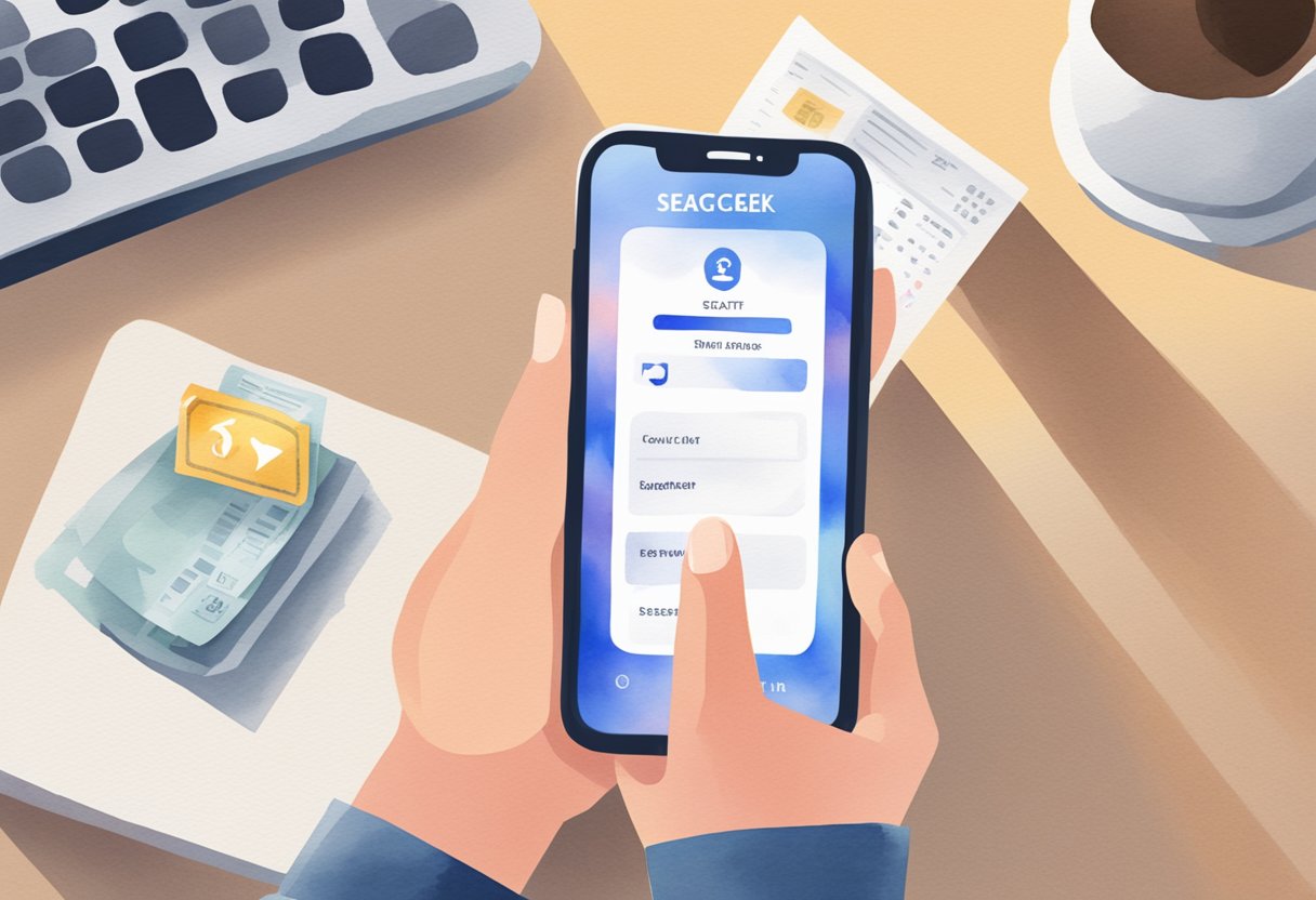 A person buying tickets on the SeatGeek app, with a secure lock symbol and positive reviews visible on the screen