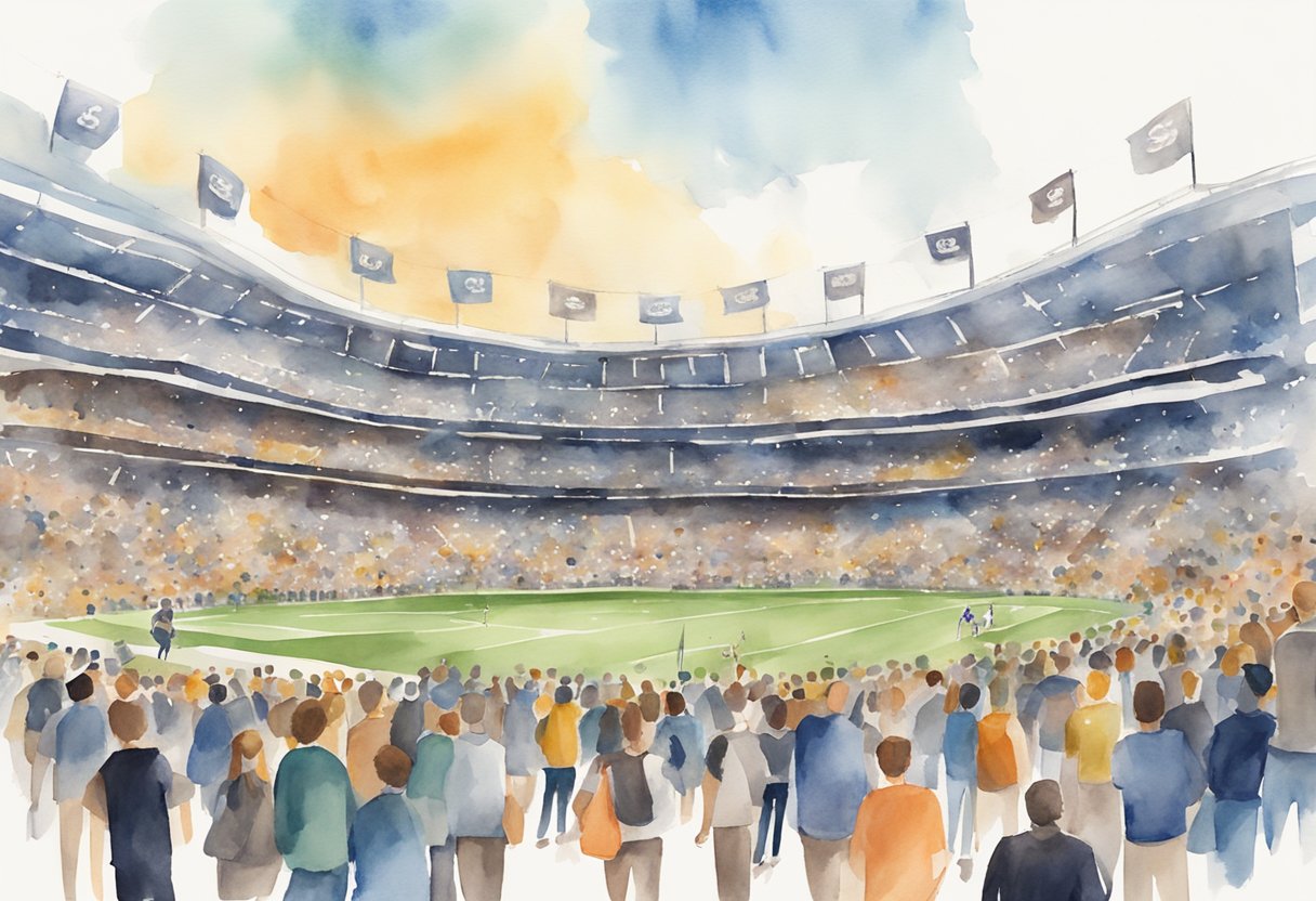 A crowded stadium with a large SeatGeek banner hanging above the entrance, people entering with tickets in hand, and vendors selling merchandise