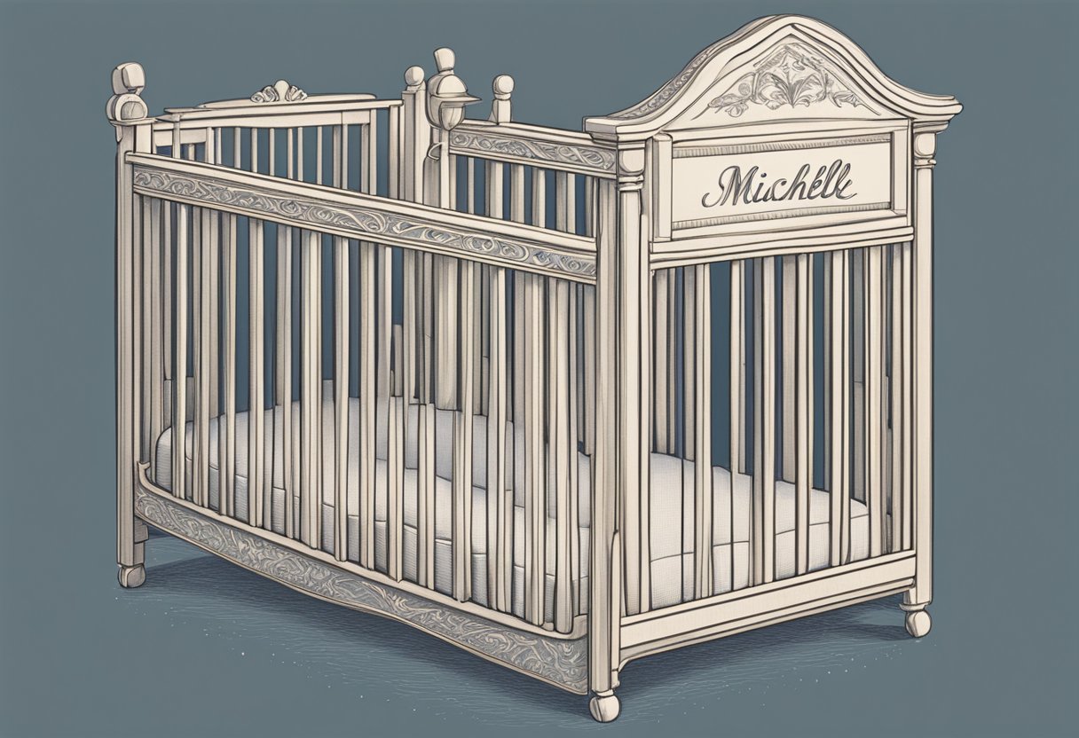 A crib with the name "Michelle" written in delicate cursive above it