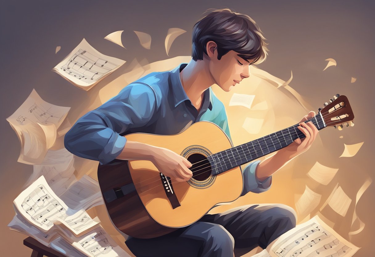 A person practicing classical guitar daily to improve, surrounded by music sheets, a metronome, and a focused expression
