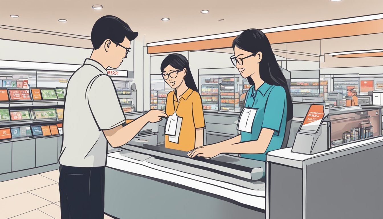 A customer swiping an HSBC card at a Singapore store, with a cashier explaining the Cash Instalment Plan benefits