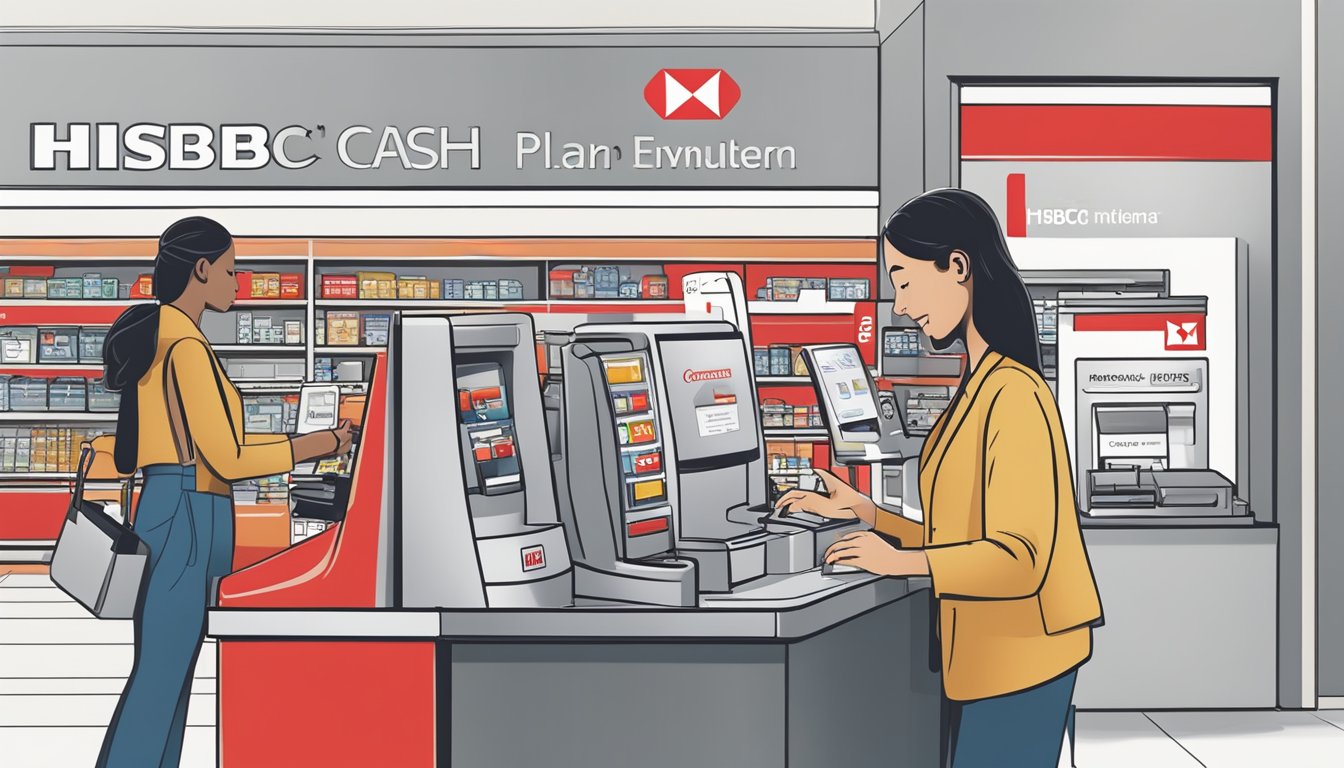 A customer swiping their HSBC card at a retail store checkout, with a promotional sign displaying the benefits of the Cash Instalment Plan in the background